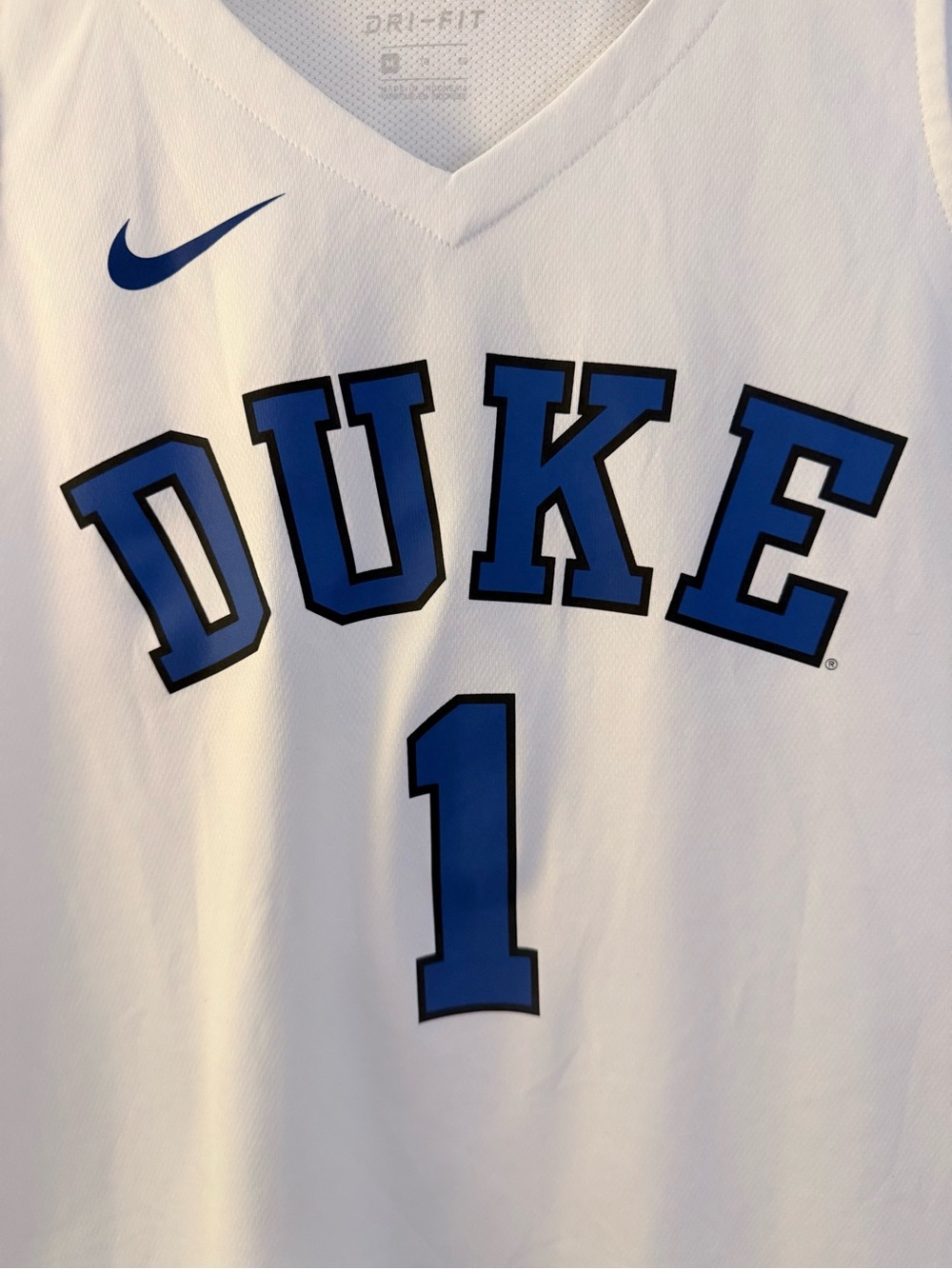 Nike White and Blue Duke #1 Basketball Jersey